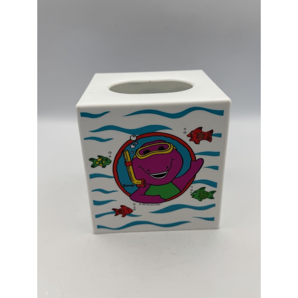 Vintage 1993 Barney Snorkeling Plastic Tissue Box Cover Lyons Group Purple Dino